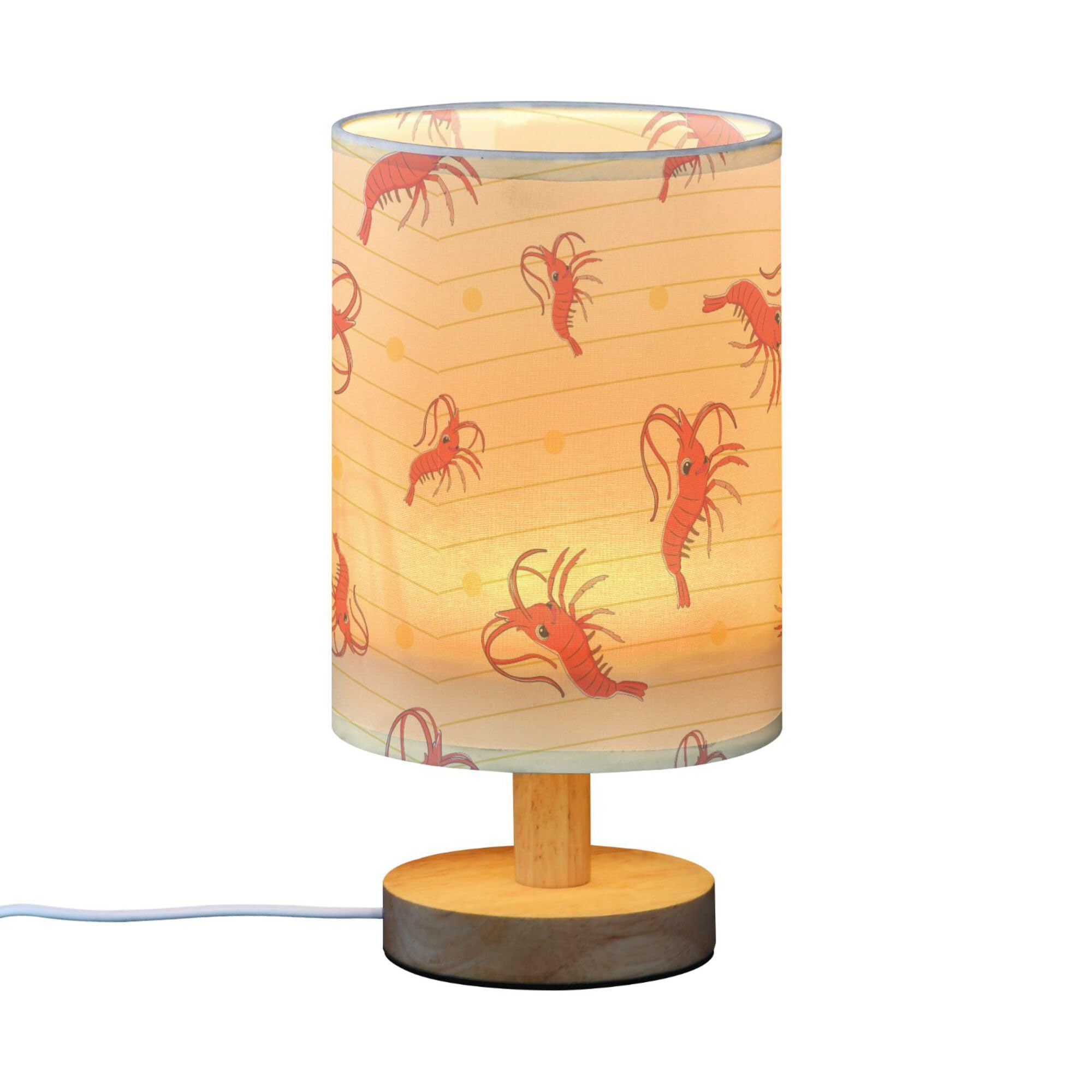 YYZZH Table Lamp Cartoon Shrimp Animal Wave Stripe Nightstand Lamp with Wood Base Fabric Lamp Shade Bedside Desk Lamp for Living Room Bedroom Kids Room Office