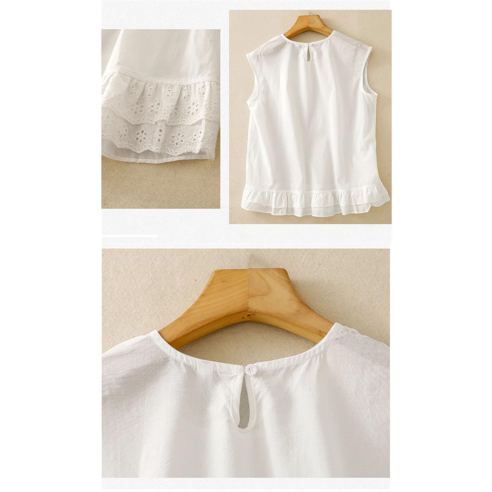 playera sin mangas de algodón y lino para mujer, con dobladillo con volantes, básica, sin mangas, fina y blanca, color negro