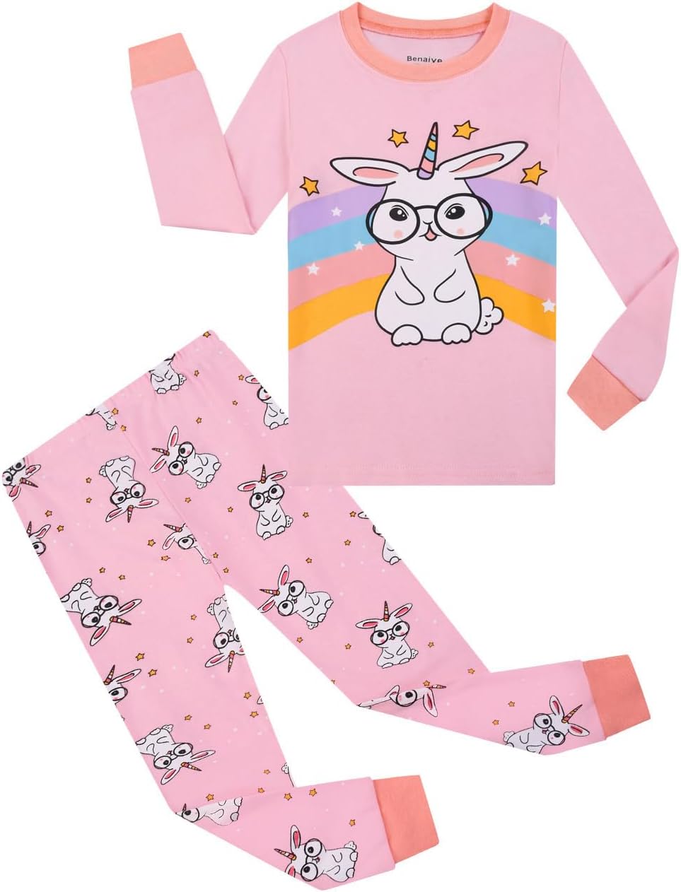 Benaive Kids Easter Pajamas Boys Girls Bunny Easter Pjs Long Sleeves Set 100% Cotton Novelty Children Sleepwear 2 Pieces