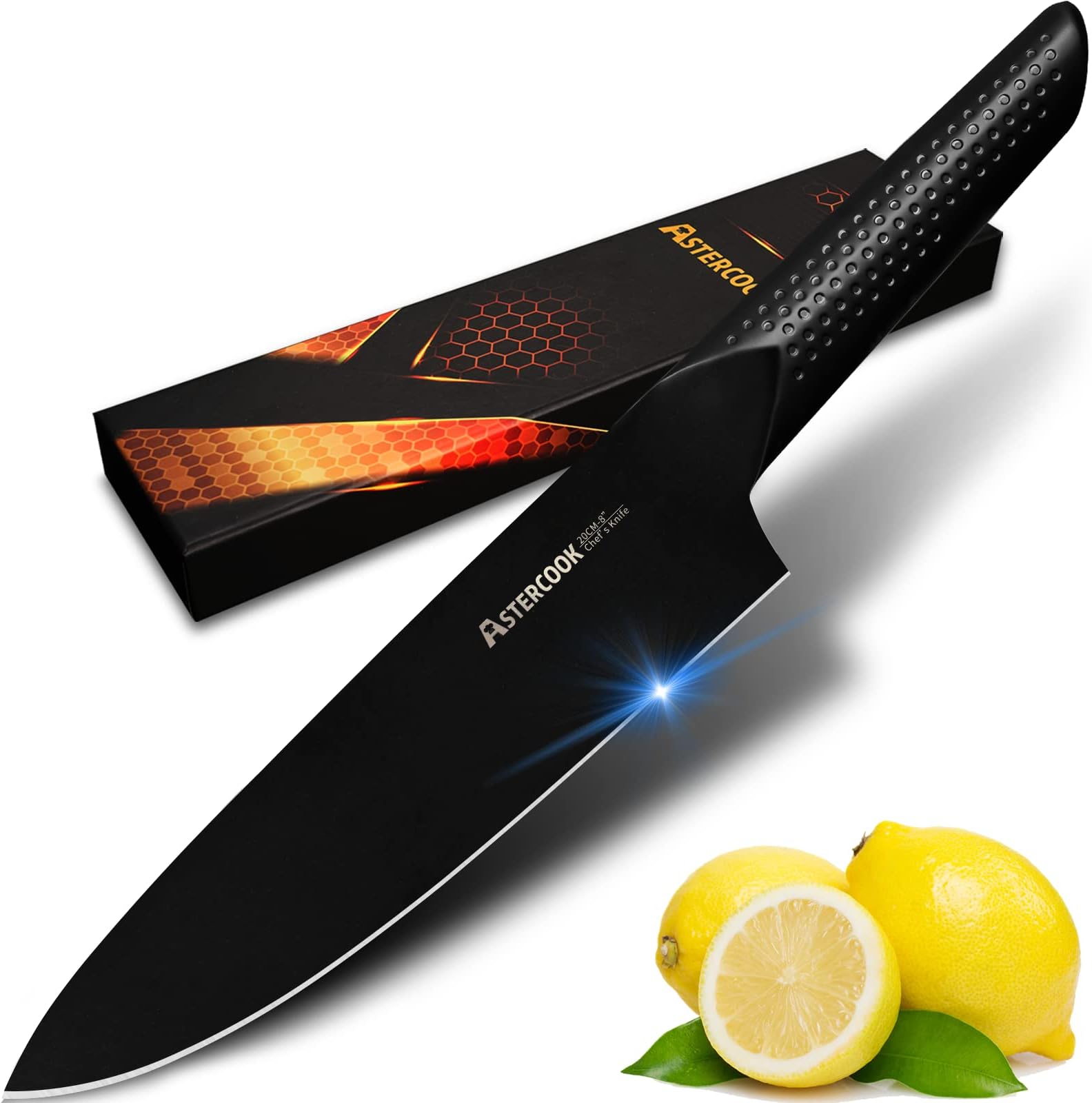 Astercook Chef Knife, 8 Inch Pro Kitchen Knife Dishwasher Safe, High Carbon German Stainless Steel Chef's Knives with Ergonomic Handle, Elegant Black