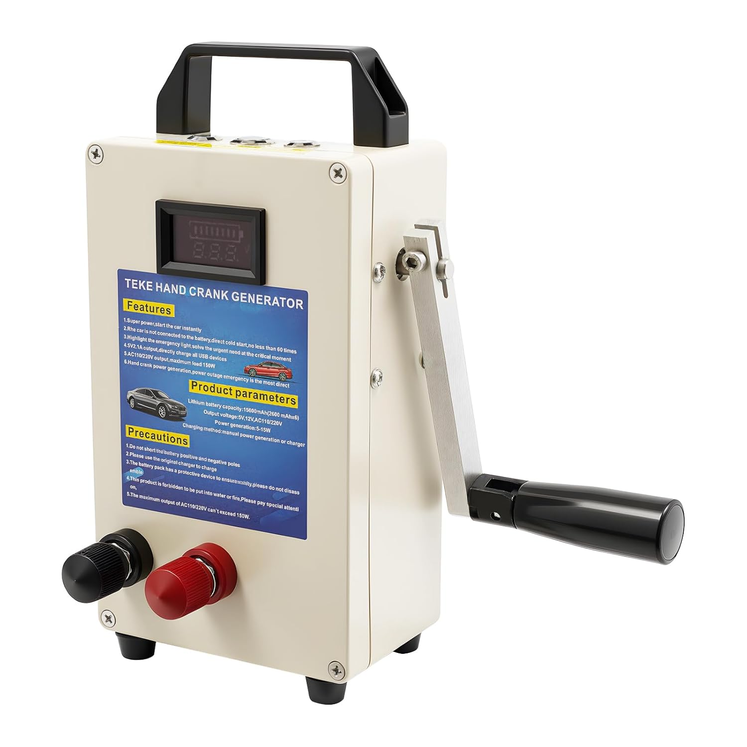 Hand Crank Generator Portable Power Station 150W 110V Manual Emergency Charger with Folding Handle and Battery Life Aluminum