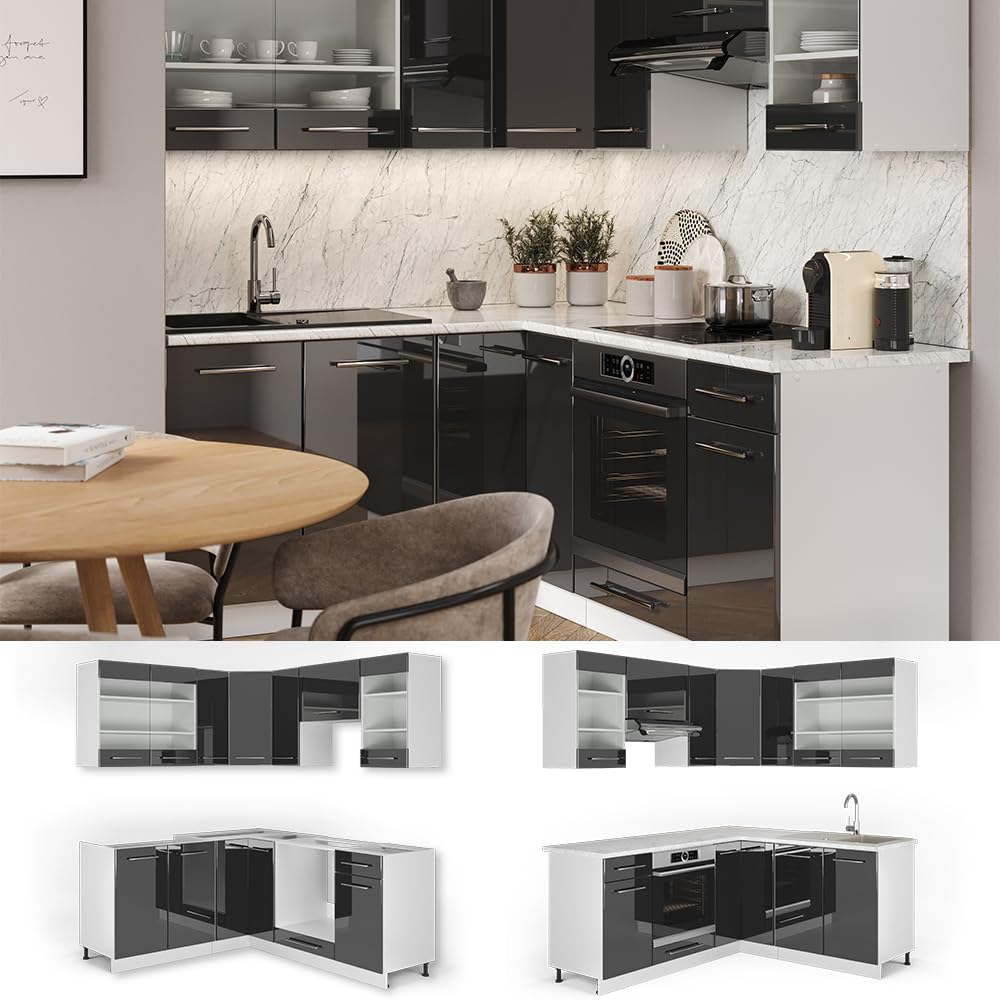 Vicco Cocina esquinera Fame-Line Antracita Alto Brillo/Blanco 190x160 cm