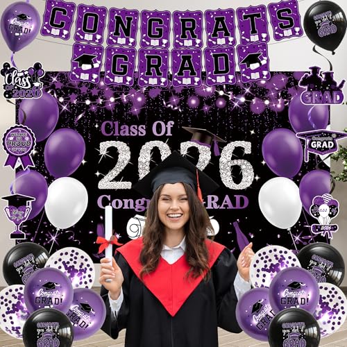 Image of DARUNAXY Black Purple Graduation Party Decorations, Purple Class of 2026 Graduation Banner, 2026 Congrats Grad Honeycomb Hanging Swirl Confetti Balloon Congratulations Graduates Party Supplies(25PC)