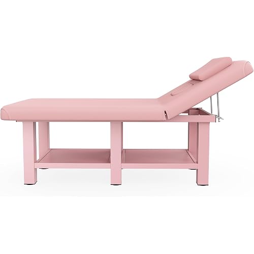 pouseayar 31.5'' Wide × 75'' Long Stationary Massage Table with Backrest and Storage Space for Treatment Table Physical Therapy Table Spa Facial Bed, 6 Square Legs Metal Frame PU Leather - Pink
