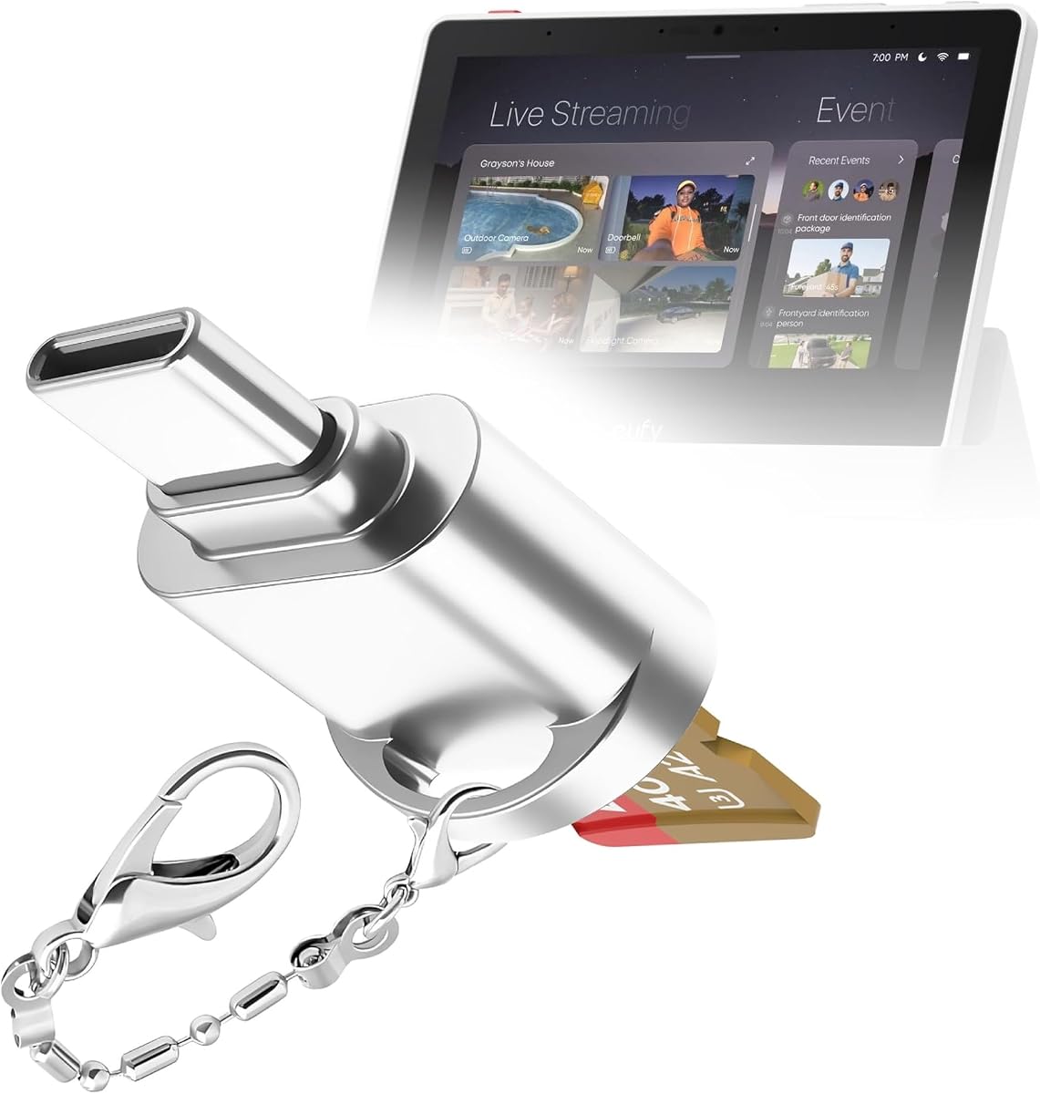 Adapter Compatible with eufy Security T87A0 Smart Home Hub (8 in) - Micro SD Card miniReader, USB Type-C OTG Reader USB3.0 Adapter Keychain - Metallic Silver