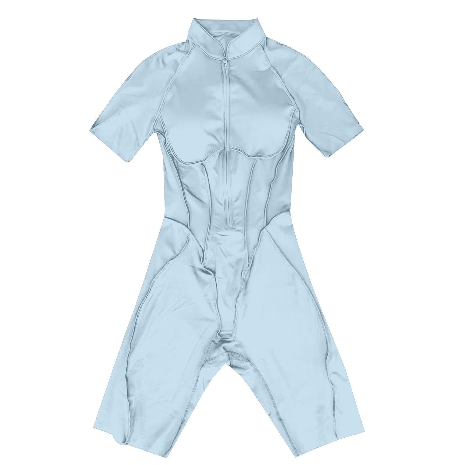 Generisch Combinaison de sport courte pour femme, avec fermeture éclair sur le devant, manches longues, dos nu, push-up, avec poches, short de fitness, une pièce, pour entraînement, yoga, gym, course