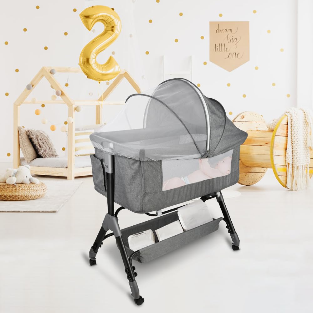 Lit bébé cododo, Lit Bebe avec Matelas de la Naissance, cododo evolutif lit Bebe,Pieds en Forme de Y,4 hauteurs réglables,104 * 52 * 100-110cm,Gris Lin