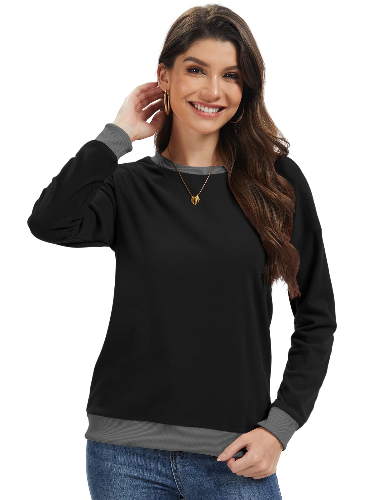 Cuptacc Pullover Damen Sweatshirt Langarm Rundhals Kontrast Langarmshirt | Rundhalsausschnitt|Oversized|Bündchen|Drop-Schulter|Langarm|Herbst|Winter|Casual|Women