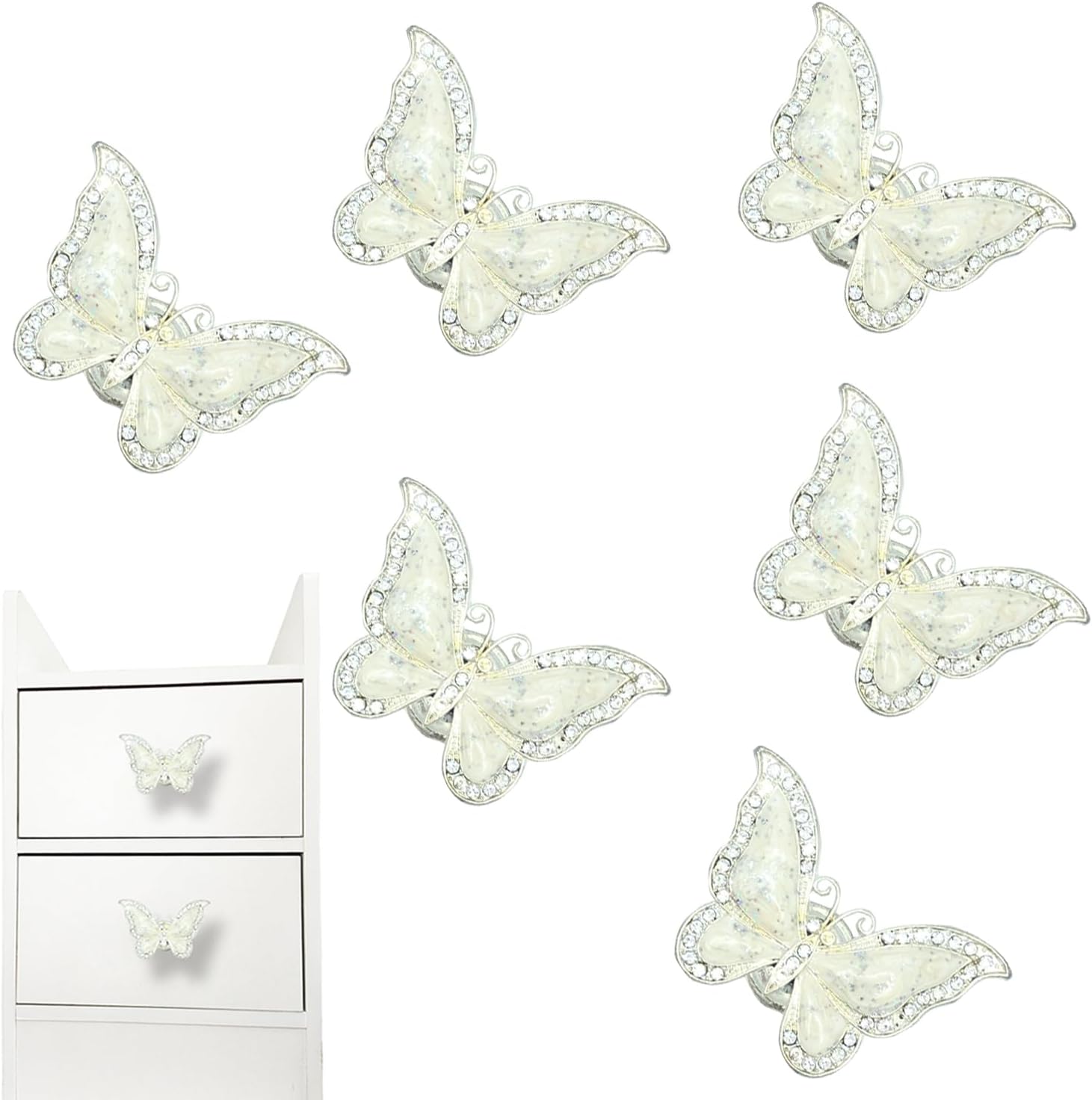 6PCS Butterfly Cabinet Knobs Dressing Table Butterfly Knobs Crystal Cabinet Handle Furniture Hardware Handle Jewelry Box Single Hole Pulls