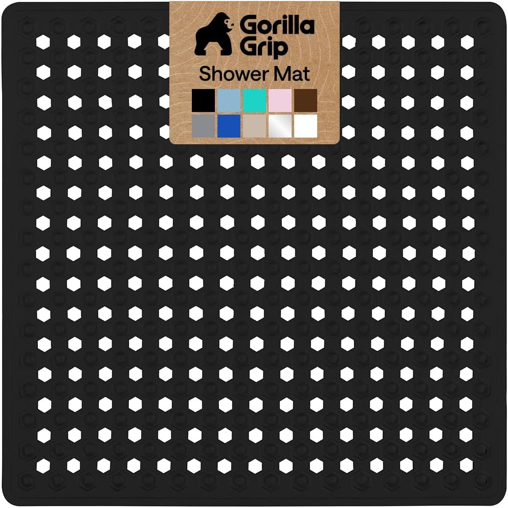 GORILLA GRIP Patented Square Shower Stall Mat, Small Bathtub Floor Mats for Stand Up Showers, Suction Cups and Drainage Holes, Machine Wash, Soft on Feet, Bathroom Accessories 21x21 Inch, Black Opaque