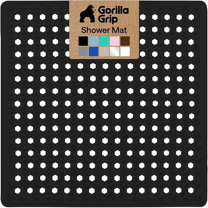 GORILLA GRIP Alfombrilla cuadrada patentada para ducha, alfombrillas pequeñas para bañera para duchas de pie, ventosas y agujeros de drenaje, lavable a máquina, suave para los pies, accesorios de baño de 21 x 21 pulgadas, negro opaco