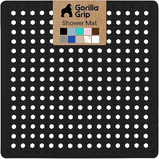 GORILLA GRIP Patented Square Shower Stall Mat, Small Bathtub Floor Mats for Stand Up Showers, Suction Cups and Drainage Holes, Machine Wash, Soft on Feet, Bathroom Accessories 21x21 Inch, Black Opaque