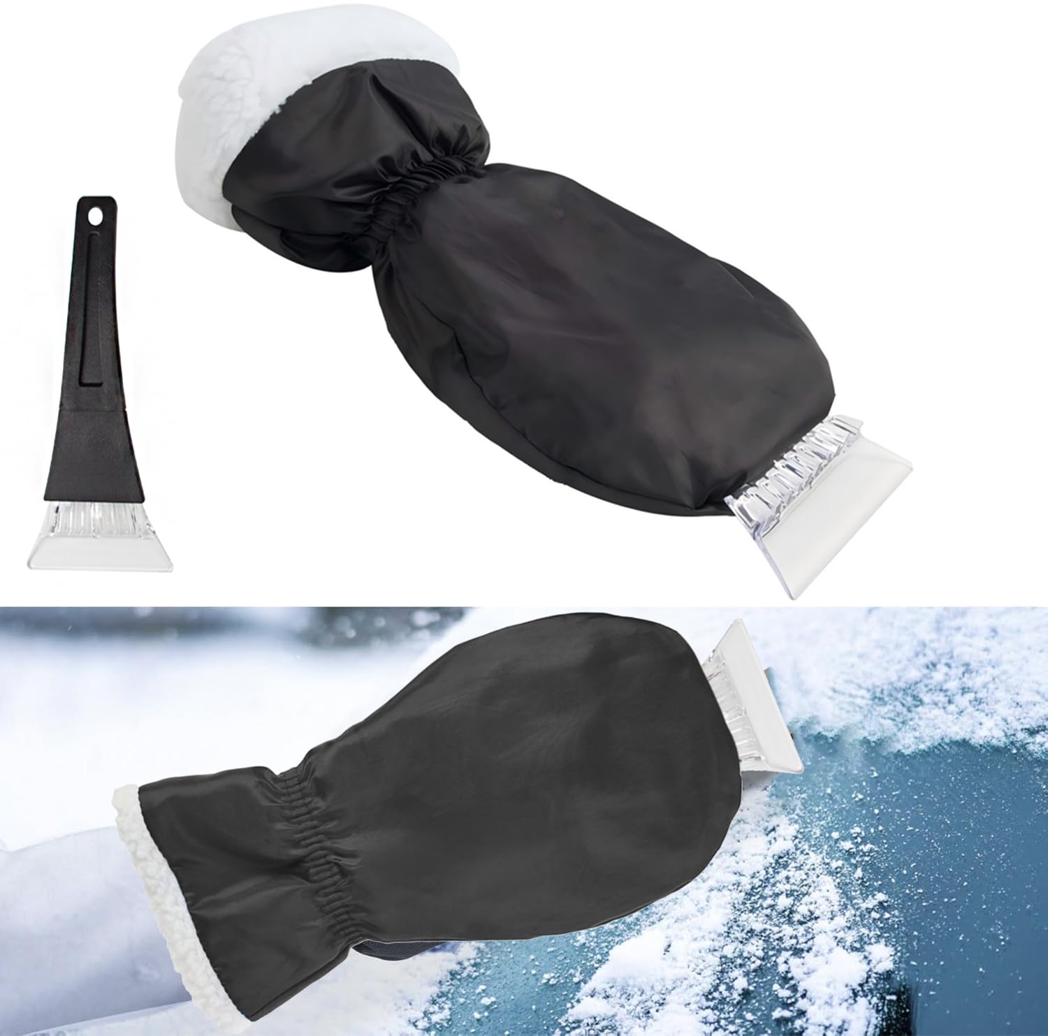 EHIOG Ice Scraper with Glove Lined, Ice Scraper Car with Glove, Snow Scraper Car Glove, Reusable Snow Scraper for Car, SUV and Truck, Black