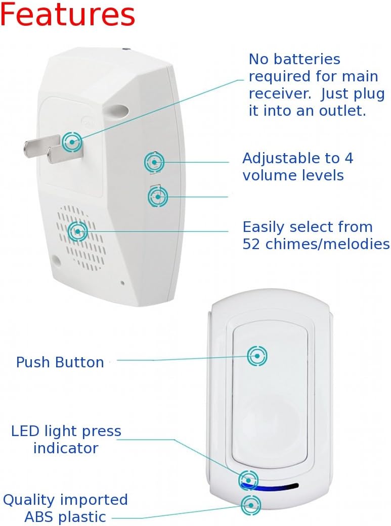 SadoTech Modern Series G Wireless Doorbell Operating at over 500-feet Range with Over 50 Chimes, No Batteries Required for Receiver - White
