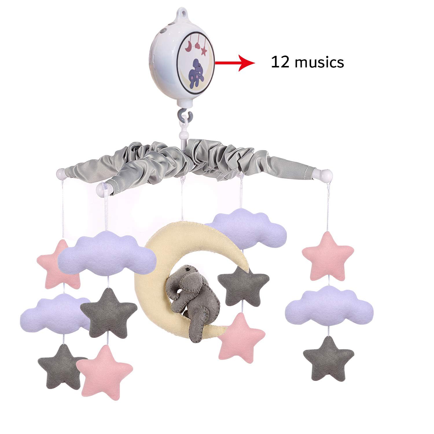 Baby Crib Mobile with Elephants, Clouds and Stars,Baby Mobile Musical Crib Mobile Music Box with 12 Lullabies (Elephant Baby Mobile)