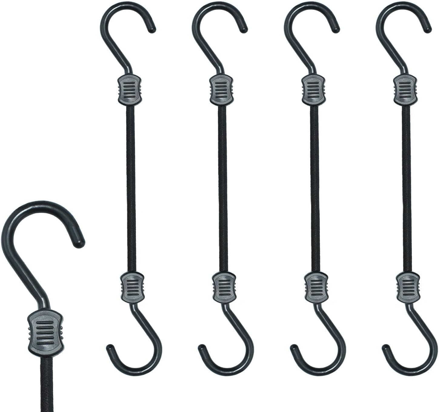 Bungee Cords with Hooks, 12 Inch Superior Latex Heavy Duty Outdoor Bungee Cords with Plastic Steel Hooks for Camping, Tarps, Bike Rack, Tent (4 Pack, Black)