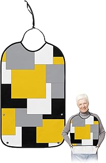 Yellow Grey Black Geometric Adult Bibs for Elder Women Men Eating, Middle Century Art Abstract Aesthetics Waterproof & Washable Bibs for Eating Clothing Protector Dining Bibs for Crumb Catcher