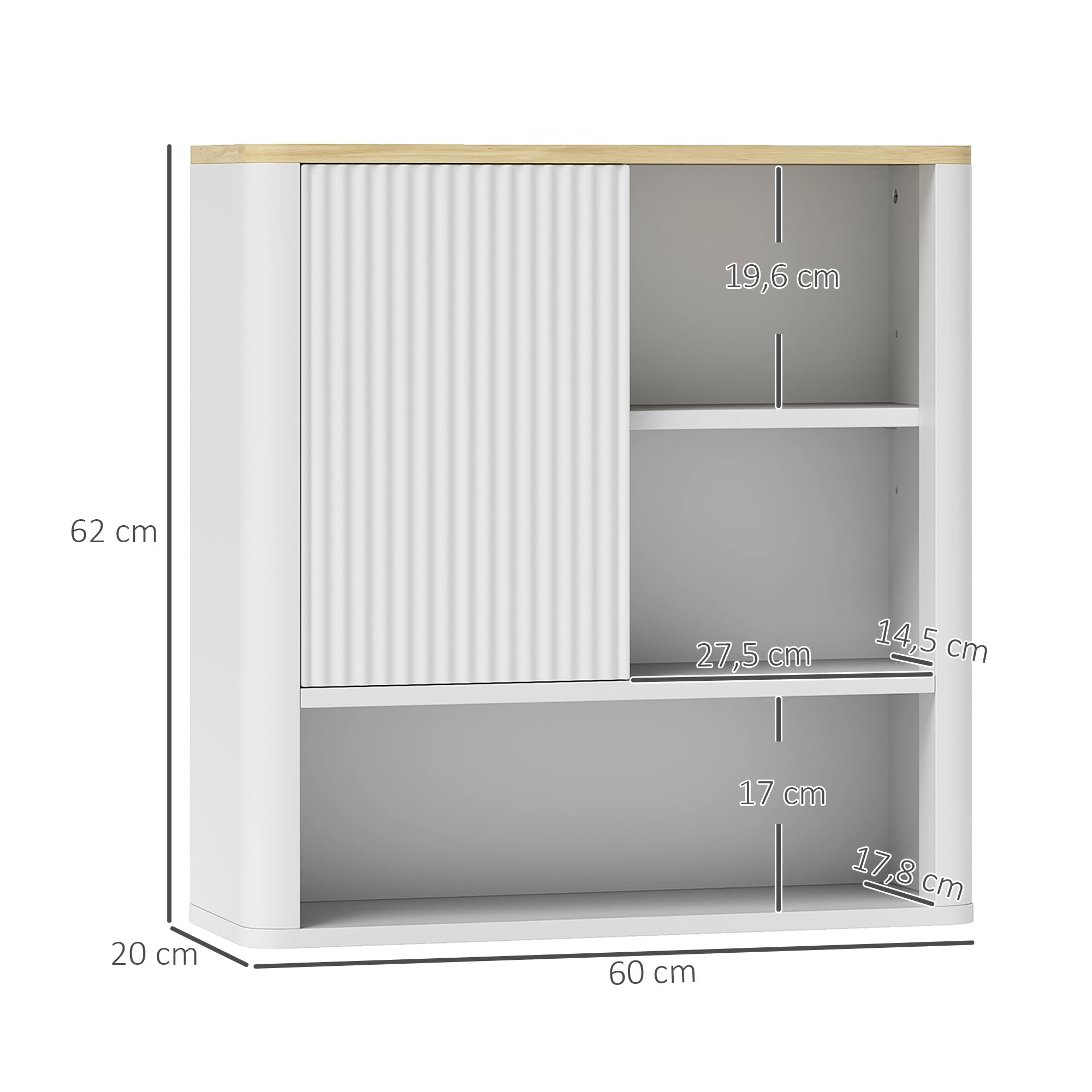 HOMCOM Armario de Baño de Pared Mueble de Baño Colgar con Estantes Ajustables Puerta Corredera Compartimentos y Diseño con Perfil Curvo 60x20x62 cm Blanco