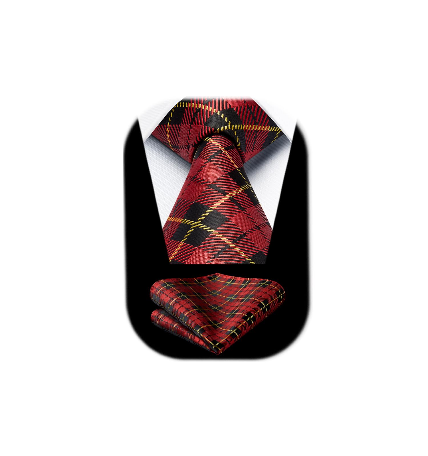 HISDERN Red Ties for Men Extra Long Red and Black Tie Pocket Square Set Plaid Formal Business Silk Necktie 63 inch Handkerchief Neck tie