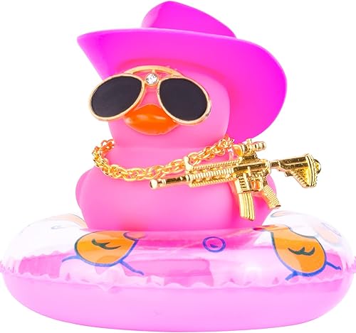 Adorno de pato de goma para automóvil, decoración de tablero de automóvil con mini sombrero, collar de anillo de natación, lentes de sol y accesorio