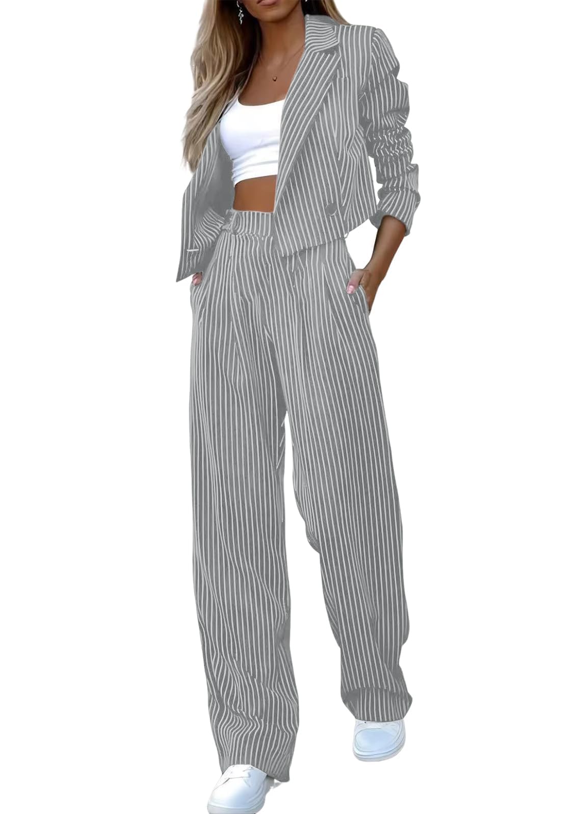 Generisch Traje de pantalón para mujer, elegante, negocios, boda, 2 piezas, blazer corto con cuello de solapa, pantalones largos, cintura alta, chic, festivo, a rayas, traje de ocio, trajes elegantes