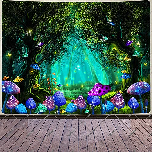 Aidatain Tapiz de fantasía de bosque de hongos psicodélico colorido planta elfos mágico mundo Tapiz de hadas selva franela, tamaño grande 200 x 152 cm para dormitorio sala de estar GTWHAT104