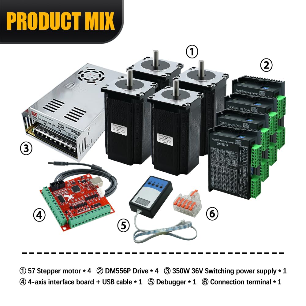 4-Achsen CNC Steuerung Kit, 8mm 57HS56/76/82/100/112 Schrittmotoren, DM556P Treiber, 350W 36V Netzteil, USB-Debugger. (57HS56)
