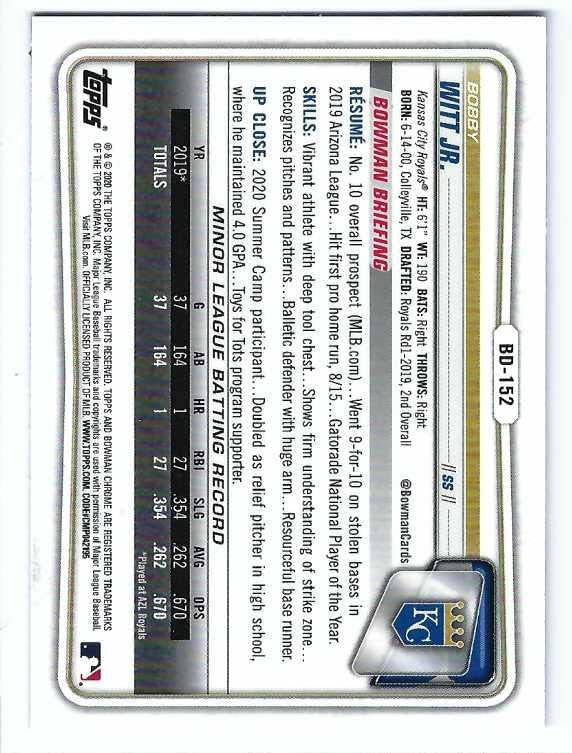 BOBBY WITT JR. 2020 Bowman Chrome Draft #BD152 Baseball Rookie Card RC Kansas City Royals