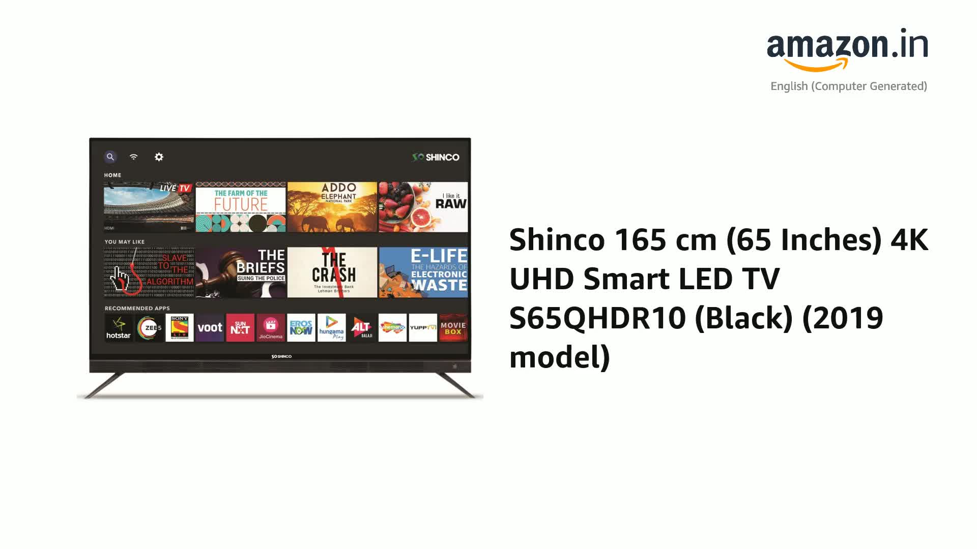 Shinco 165 cm (65 Inches) 4K UHD Smart LED TV S65QHDR10 (Black