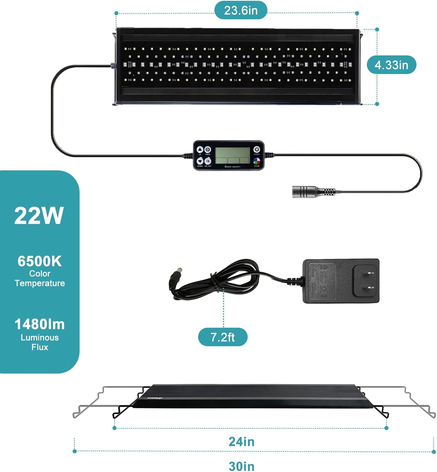 24/7 LED Aquarium Light, IP68 Waterproof Extendable Bracket Fish Tank Light with Timer, 7 Colors, 10 Level Adjustable Brightness, DIY Mode Full Spectrum Aquarium Plant Light for 24-30 Inch Fish Tank