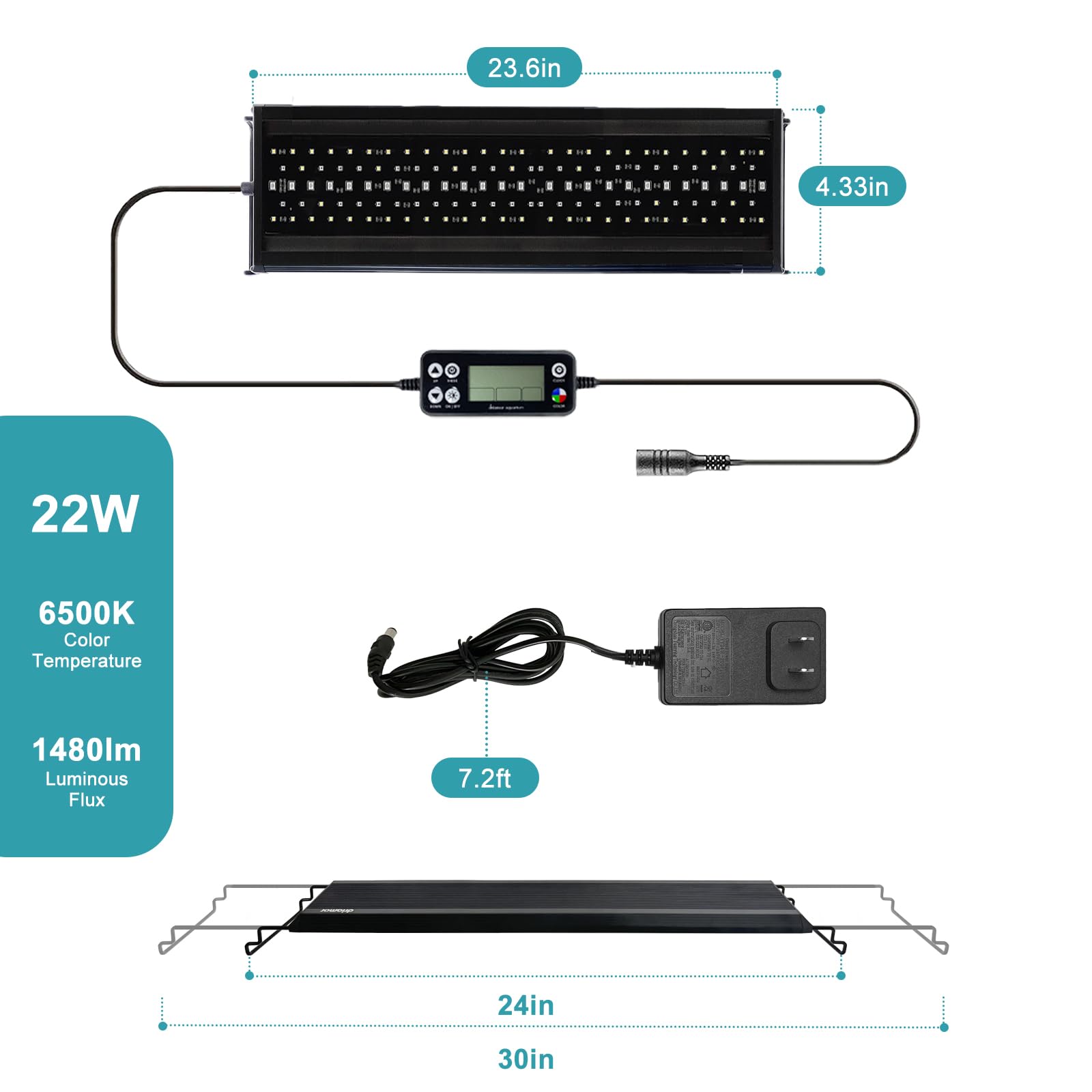 24/7 LED Aquarium Light, IP68 Waterproof Extendable Bracket Fish Tank Light with Timer, 7 Colors, 10 Level Adjustable Brightness, DIY Mode Full Spectrum Aquarium Plant Light for 24-30 Inch Fish Tank - image 6