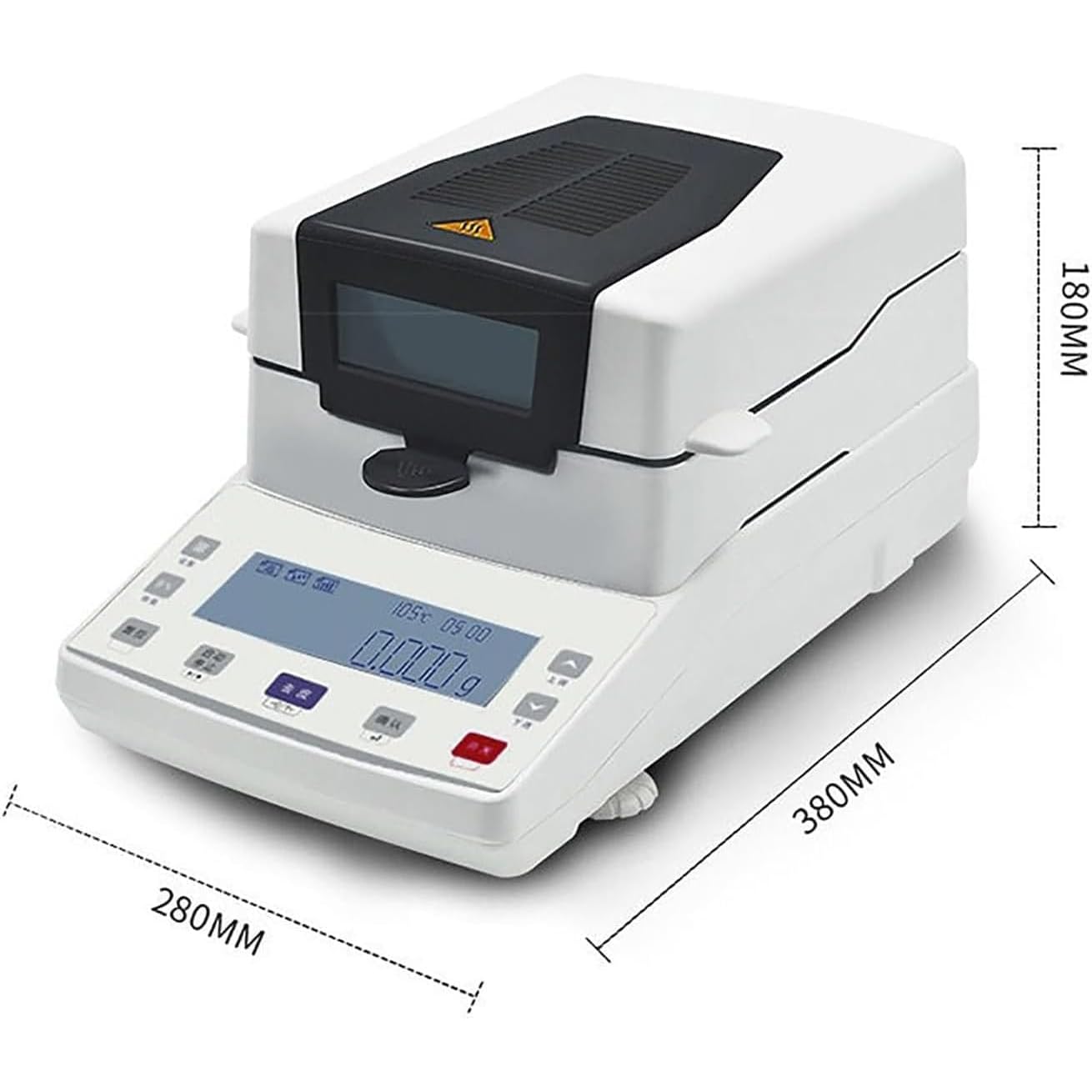 Analizzatore di umidità digitale, riscaldamento alogeno 40-199 °C, capacità 110 g, timer da 1 a 99 min, ideale per laboratori alimentari, cereali, farmaceutici, chimici, del suolo