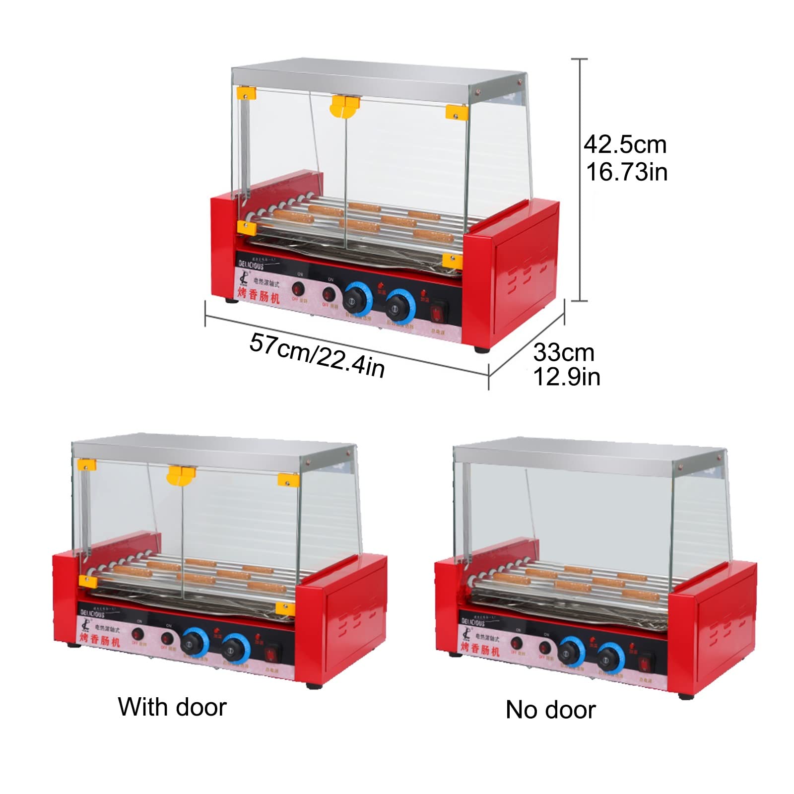 Hot Dog Roller Machine, Sausage Grill Cooker Machine 24 Hot Dog 7 Roller Grill Cooker Machine con bandeja de goteo de acero inoxidable extraíble y cubierta de campana de vidrio, luces LED, 1080W (Si