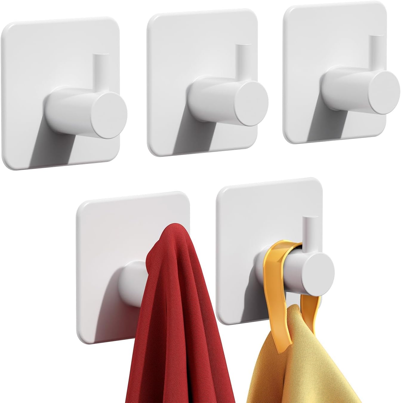 Adhesive Hooks Heavy Duty 22lb(Max) Wall Hooks, 5 Pack Self Adhesive Damage Free Towel Rack, Stainless Steel for Coat Robe, Waterproof Oilproof Rustproof for Bathroom Shower Kitchen Office