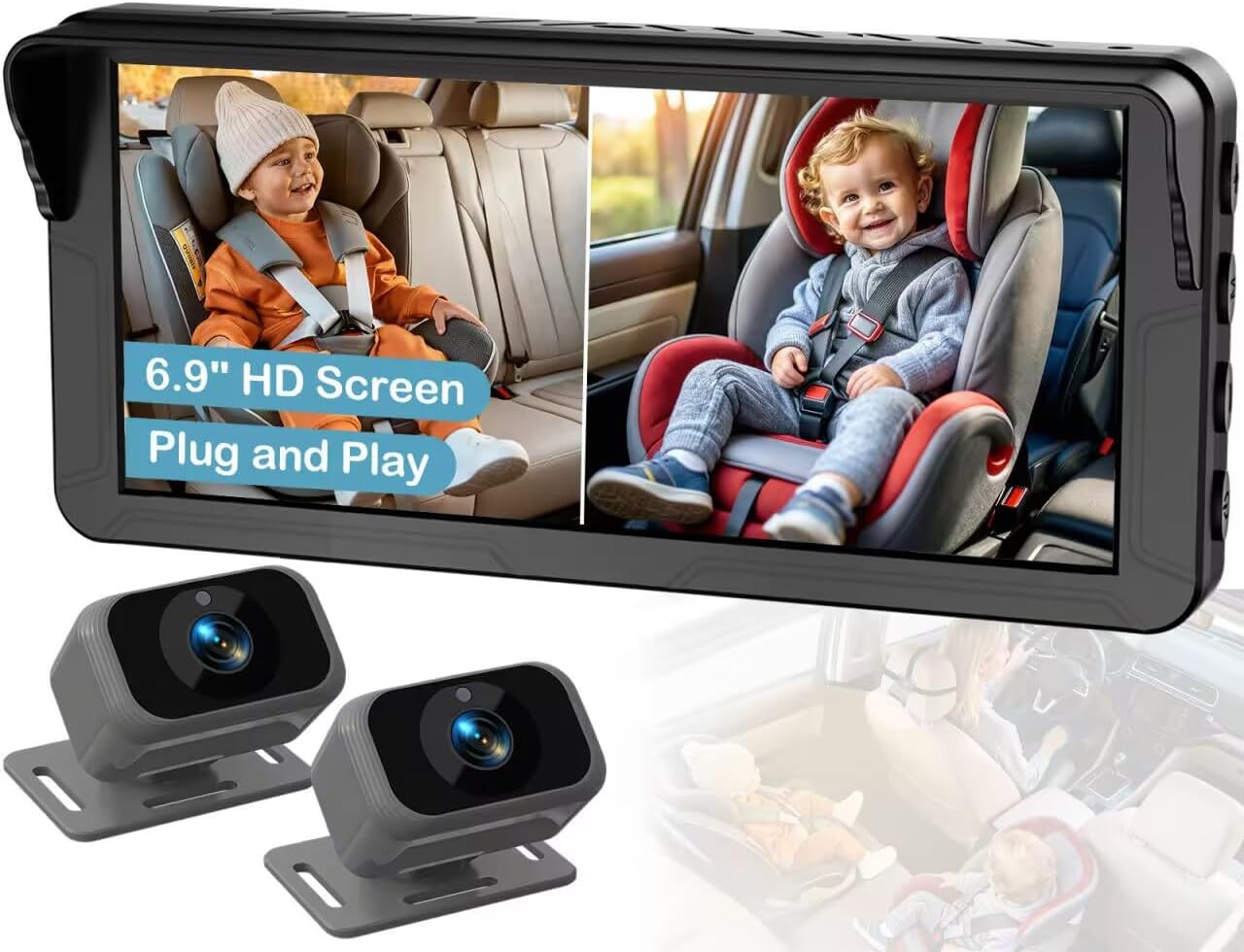 Dual Baby Car Camera for 2 Kids – 6.9” Split Screen Ultrawide HD Display with 2 Cameras, IR Night Vision, Easy Installation, Dual Car Camera Baby Monitor for Infant & Toddler Safety by Fodkh