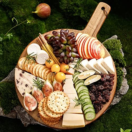 Luomal Round Wood Cutting Board with Handle, 12" Acacia Wooden Serving Board for Kitchen, Cheese Charcuterie Board for Meat, Bread, Pizza, Vegetables & Fruits (Gift Box Included)