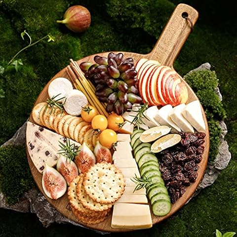 Luomal Rundes Holz-Schneidebrett mit Griff, 30,5 cm Akazienholz-Servierbrett für Küche, Käse-Charcuterie-Brett für Fleisch, Brot, Pizza, Gemüse und Obst Cover