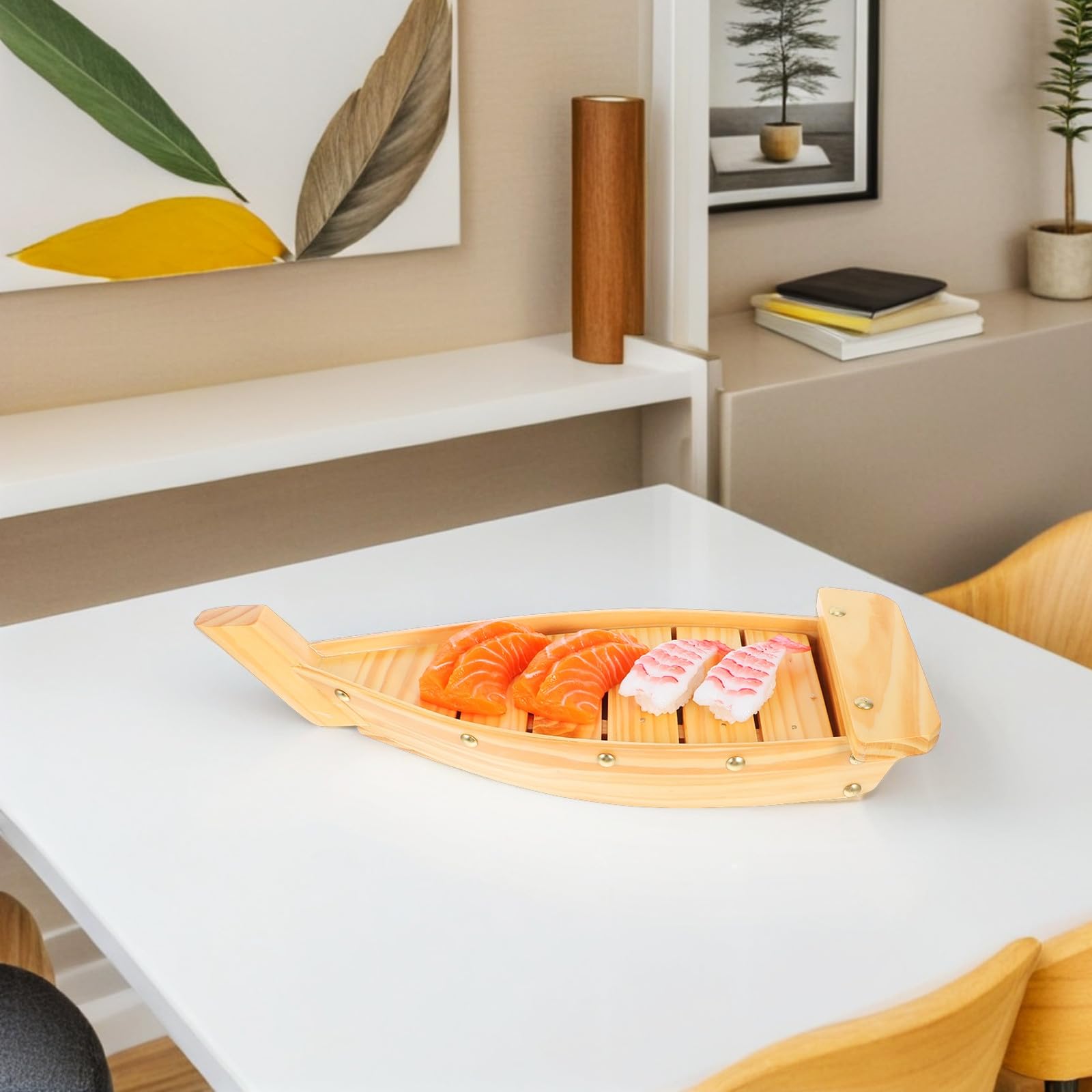 ULTECHNOVO Plat de Service à Sushi Style Japonerie en Bois Forme Bateau Plateau de Collations Fonction de Rangement et Service pour Restaurant et Maison