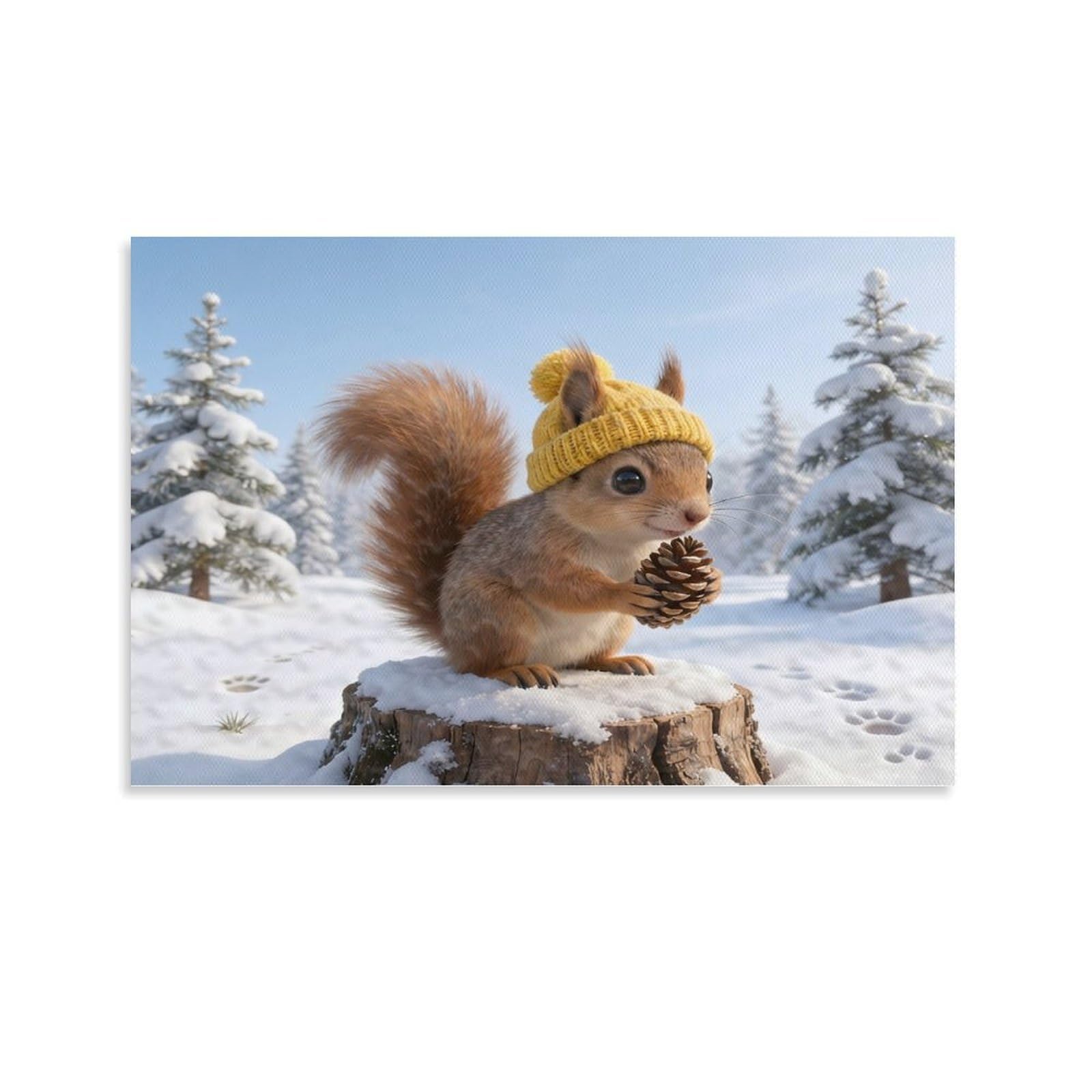 CPLVKWRQJ Squirrel in Hat Winter Individual Winter Squirrel with Knit Hat And Pinecone Wall Art Decor - Kitchen Removable Canvas Wall Art Multi-Purpose Focal Point 24x36inch(60x90cm)