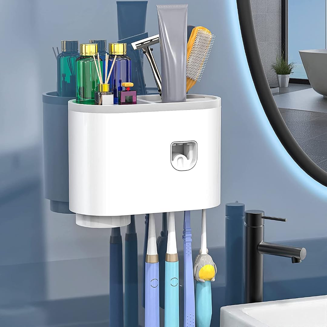 Soporte para cepillo de dientes montado en la pared, soportes para cepillo de dientes para baño, dispensador de pasta de dientes con 4 ganchos para cepillo de dientes (1 taza)