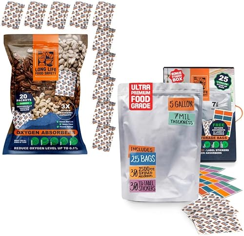 Absorbentes de oxígeno de 3000 cc (20 paquetes, sellados individualmente al vacío) y paquete de 5 galones (25 bolsas) bolsas de Mylar para