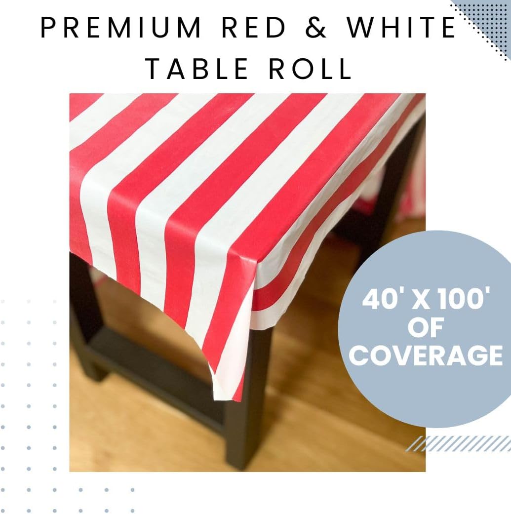 Podzly Red & White Striped Plastic Tablecloth Roll - 40" x 100' Banquet Table Cover Roll - Perfect Decoration for Carnival & Circus Themed Events - Transform Occasions into a Carnival or Circus Vibe