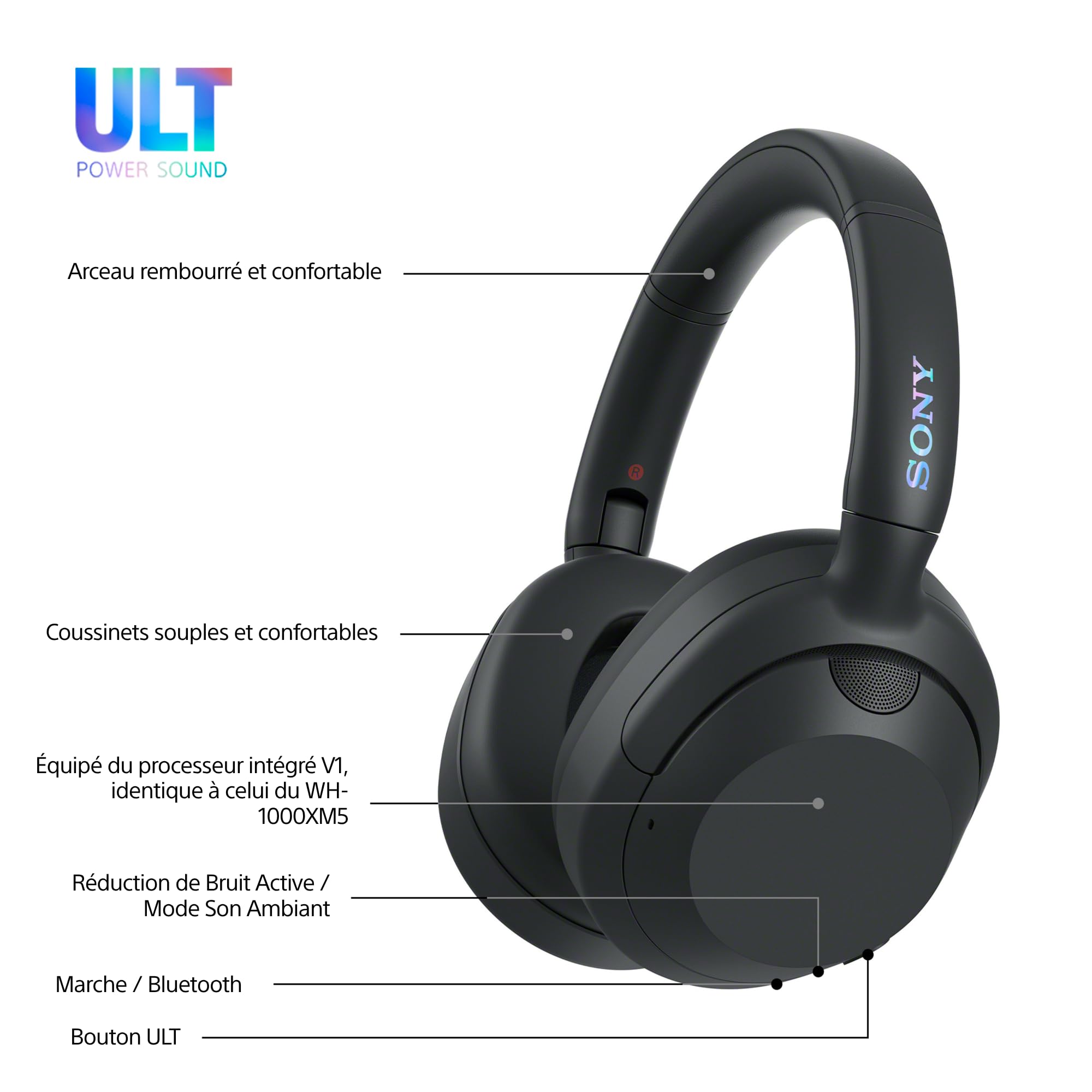 Sony ULT Wear Casque sans Fil Bluetooth ULT Power Sound Basses Profondes Réduction de Bruit Autonomie 30 Heures Noir