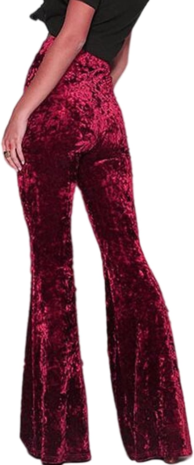 SEMATOMALA Women's Crushed Velvet Straight Wide Leg Pants Flare High Waisted Palazzo Bell Bottom Yoga Streetwear Trousers - Image 2
