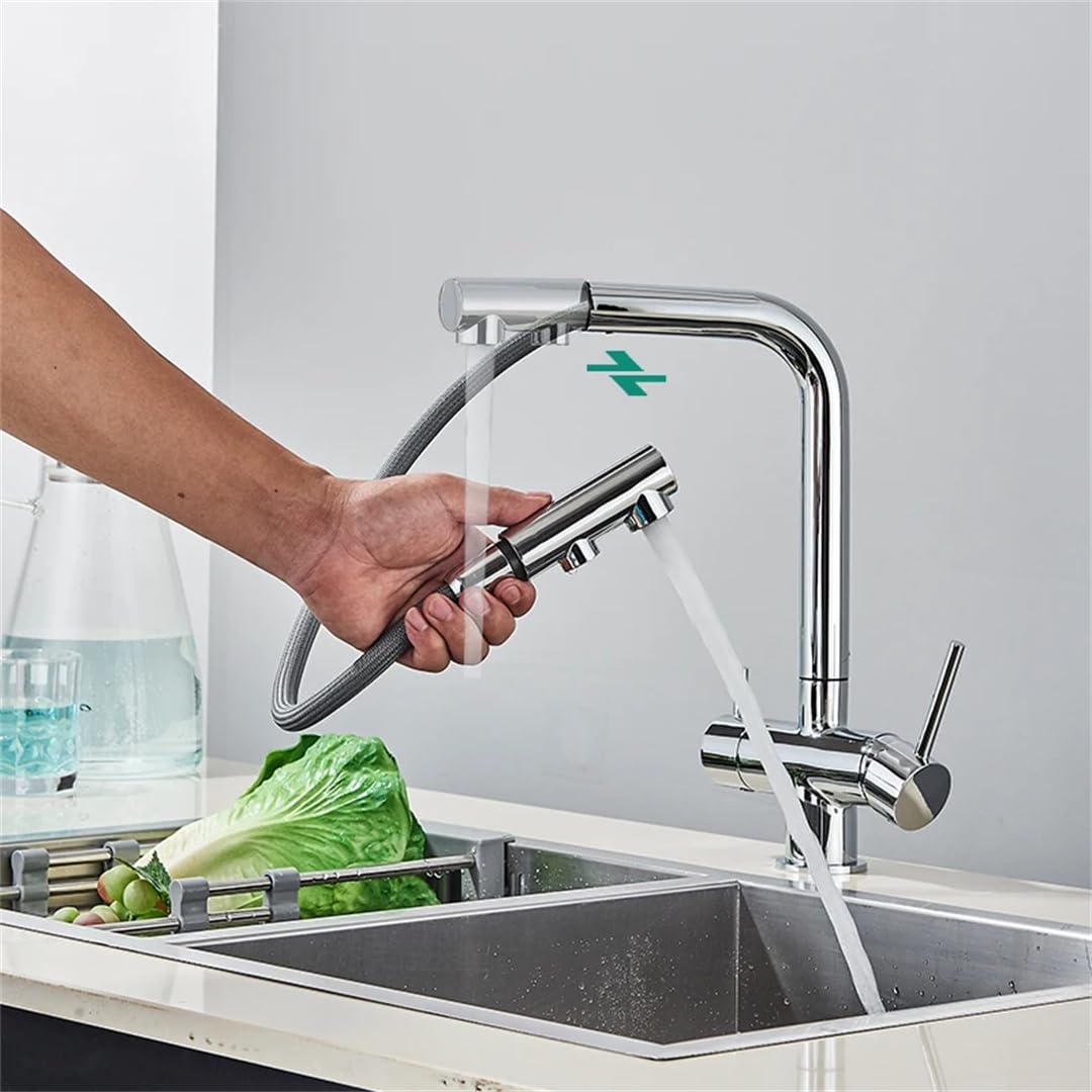 Grifos de Fregadero Grifo de Cocina extraíble con Doble caño Giratorio Filtro de Agua Potable Purificador de latón Grifo Mezclador para Fregadero Grifo de Agua Caliente y fría