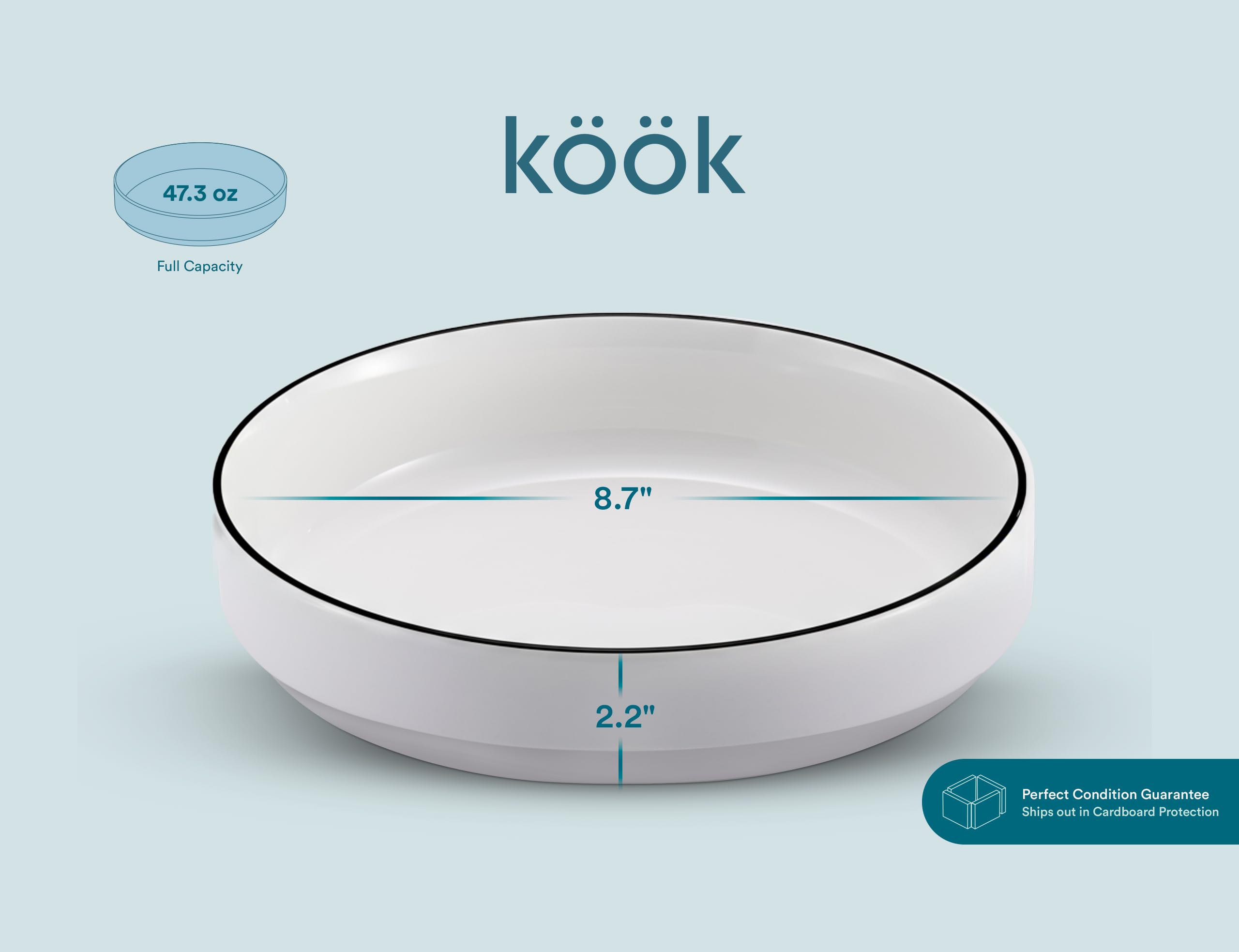 KooK Cuencos grandes de cerámica para pasta, aptos para microondas y lavavajillas, ideales para sopas y ensaladas, cuencos poco profundos, porcelana brillante, 48 onzas, juego de 4, francés
