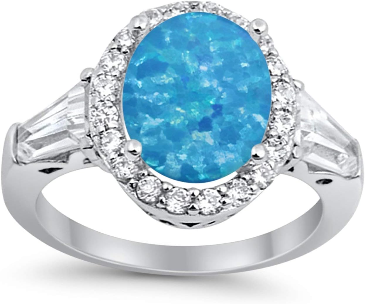 Blue Apple Co. Art Deco Ring 12mm Oval Shaped Cubic Zirconia Halo Vintage Style Baguette Stone Cocktail Rings Statement Wedding Engagement Rings For Women 925 Sterling Silver Gifts For Her