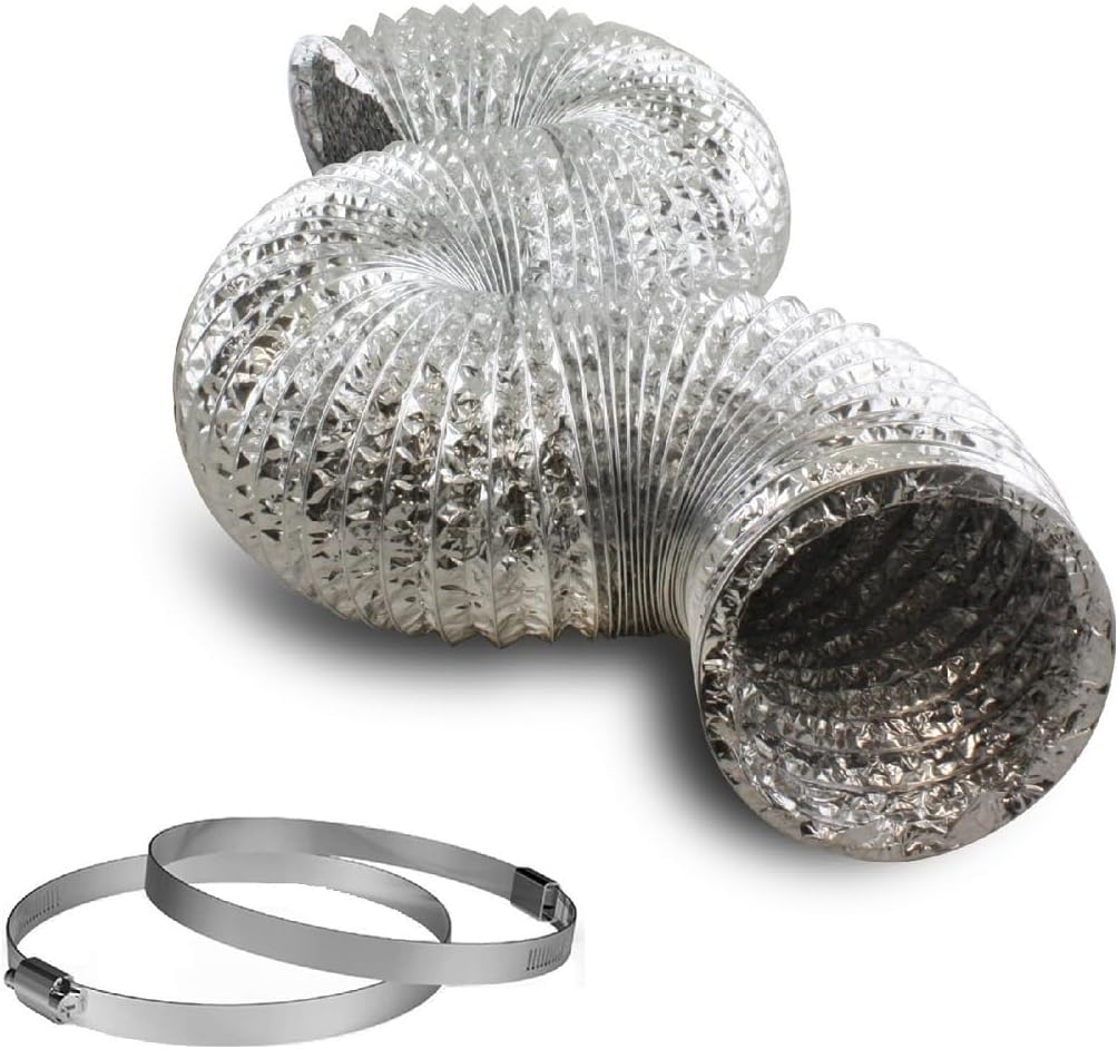 4 Inch Dryer Vent Duct, 8FT Flexible Aluminum Foil Exhaust Ducting For Heating and Cooling Ventilation with 2 Clamps