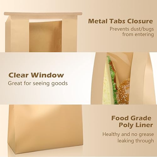 Miniatura 4 de Paquete de 200 bolsas de pan de papel kraft grandes de 7.9 x 11.8 pulgadas con ventana frontal transparente y bloqueo de lengüeta de lata, bolsas de