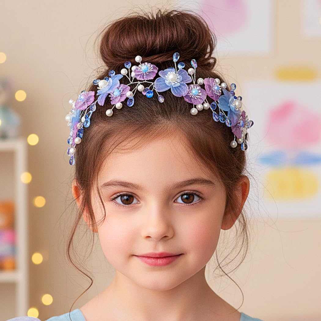 Campsis Flower Girls Headband Purple Floral Headpiece Pearl Wedding Hair Accessories for Women - Image 5